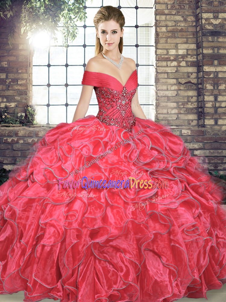  Sleeveless Organza Floor Length Lace Up 15th Birthday Dress in Coral Red with Beading and Ruffles