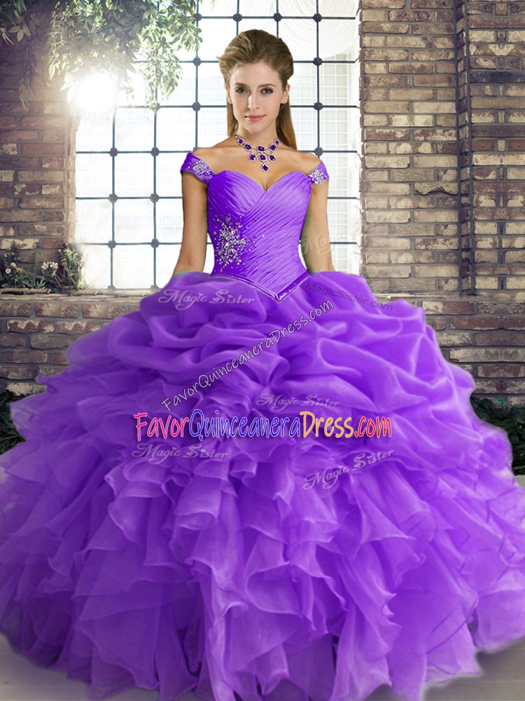Customized Off The Shoulder Sleeveless Lace Up Sweet 16 Quinceanera Dress Lavender Organza