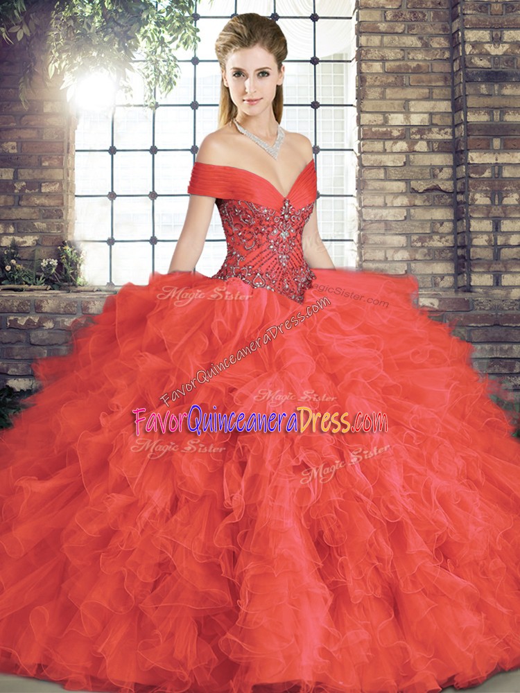 Decent Coral Red Ball Gowns Off The Shoulder Sleeveless Tulle Floor Length Lace Up Beading and Ruffles 15 Quinceanera Dress