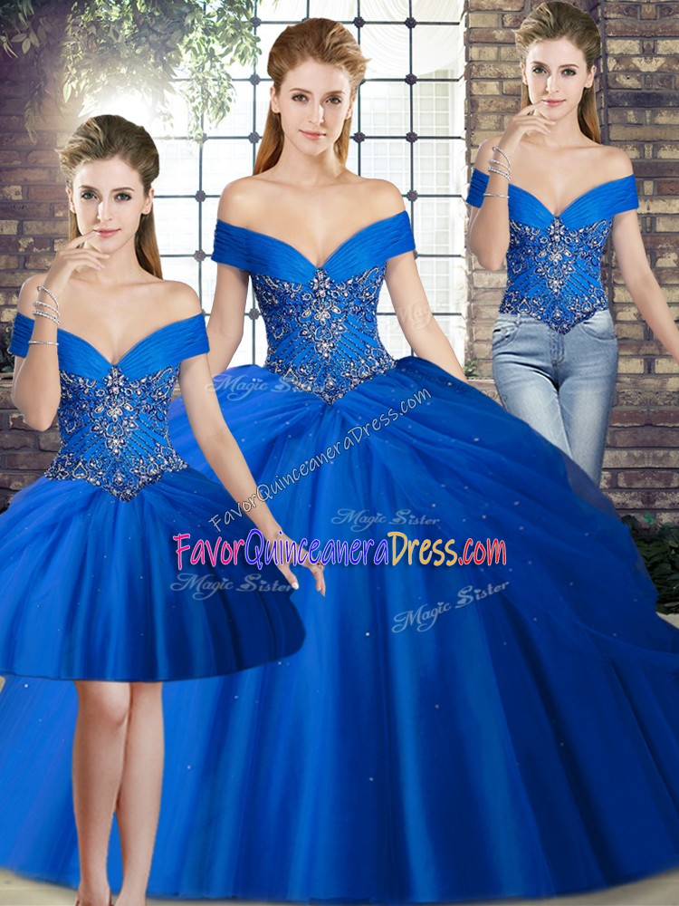 Spectacular Royal Blue Three Pieces Off The Shoulder Sleeveless Tulle Brush Train Lace Up Beading and Pick Ups Sweet 16 Dresses