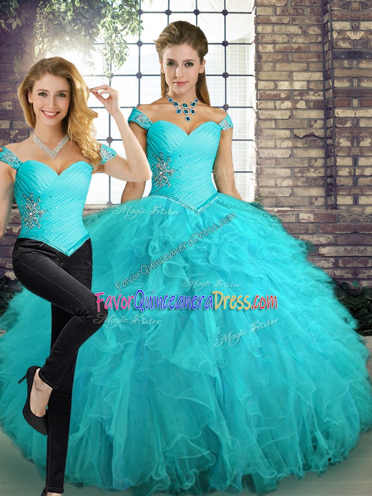  Aqua Blue Quinceanera Gowns Military Ball and Sweet 16 and Quinceanera with Beading and Ruffles Off The Shoulder Sleeveless Lace Up