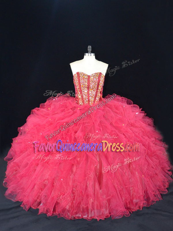 Spectacular Ball Gowns Sleeveless Coral Red Sweet 16 Dress Lace Up