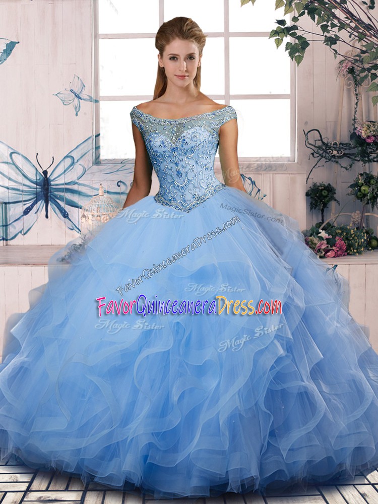  Blue Lace Up Off The Shoulder Beading and Ruffles Sweet 16 Dress Tulle Sleeveless