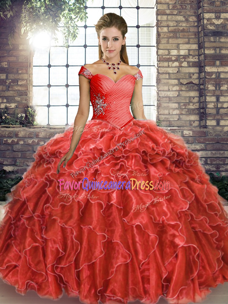 Top Selling Coral Red Off The Shoulder Neckline Beading and Ruffles Sweet 16 Dress Sleeveless Lace Up
