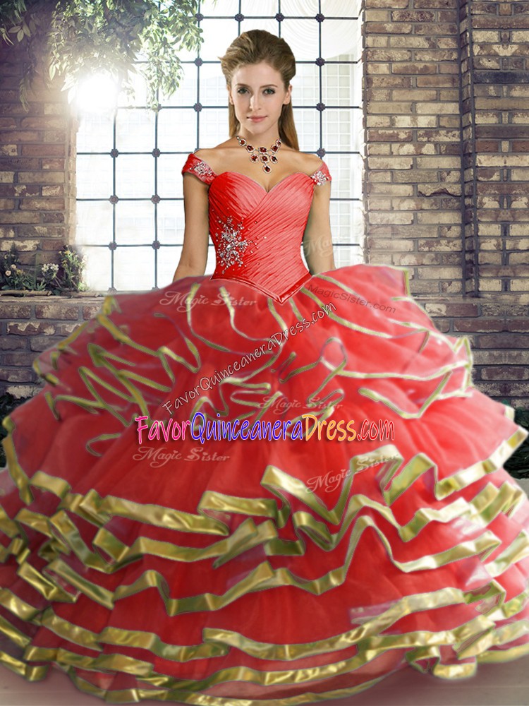Decent Floor Length Ball Gowns Sleeveless Coral Red Quinceanera Dresses Lace Up