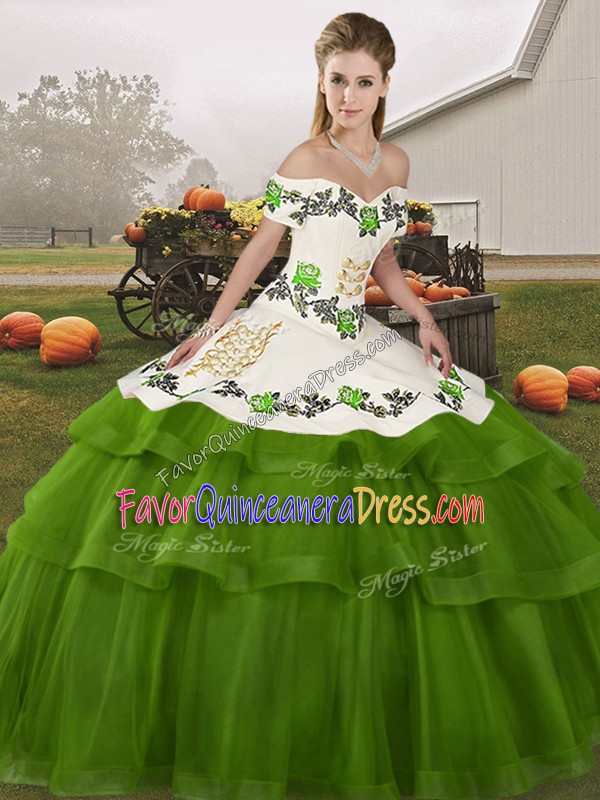 Pretty Brush Train Ball Gowns Vestidos de Quinceanera Olive Green Off The Shoulder Tulle Sleeveless Lace Up