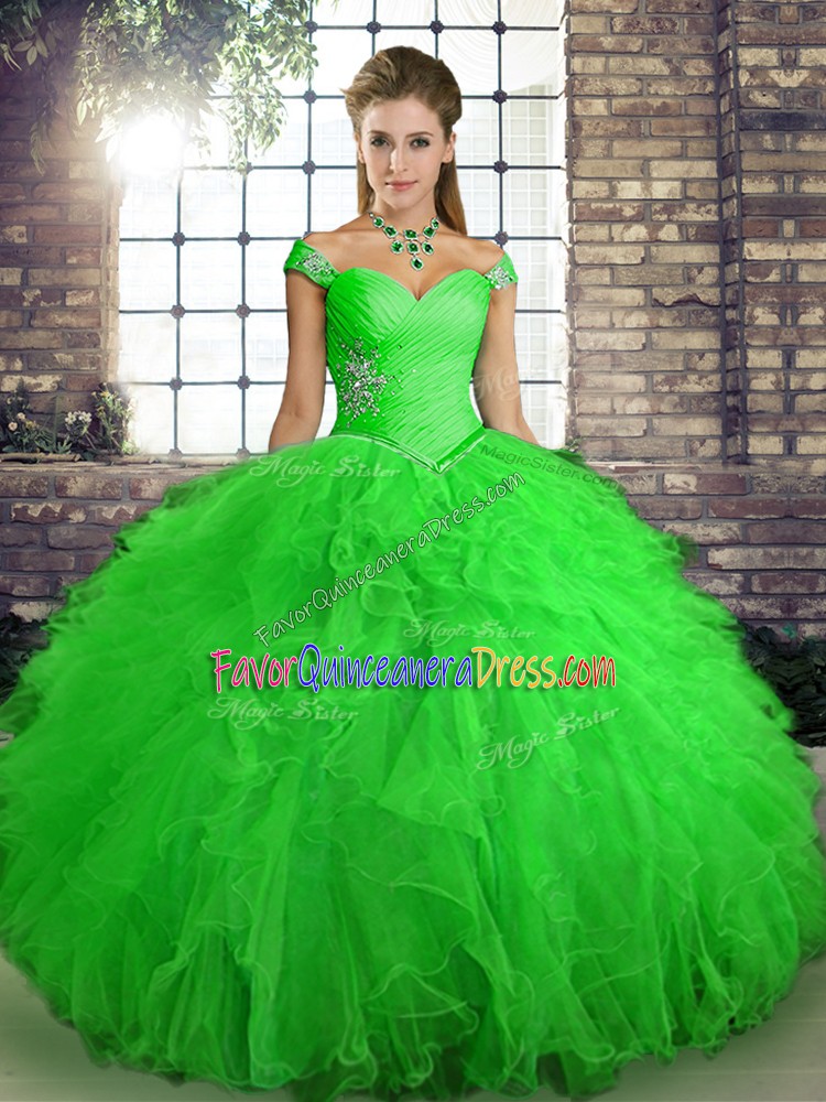 Affordable Green Quinceanera Gown Sweet 16 and Quinceanera with Beading and Ruffles Off The Shoulder Sleeveless Lace Up