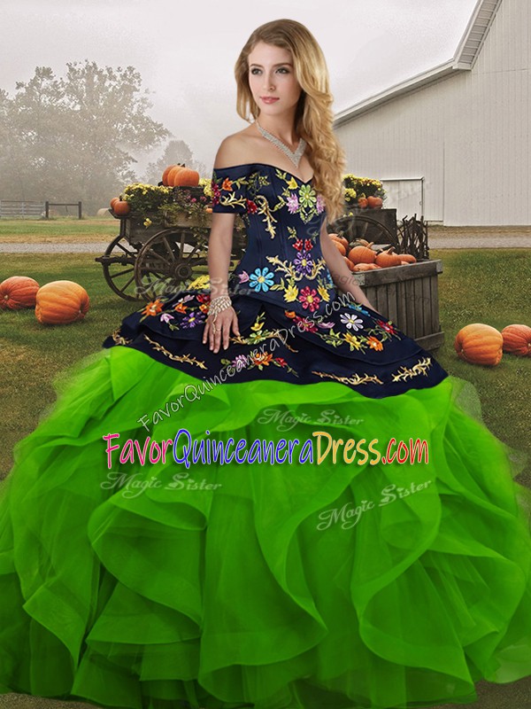  Green Ball Gowns Tulle Off The Shoulder Sleeveless Embroidery and Ruffles Floor Length Lace Up Sweet 16 Quinceanera Dress