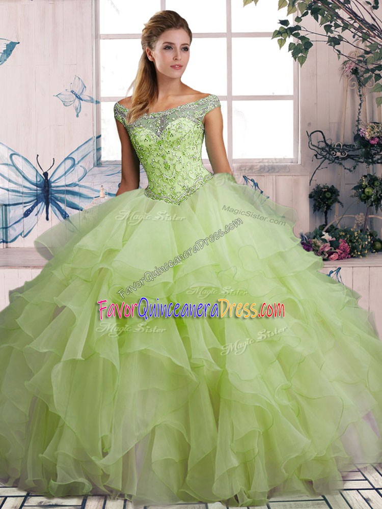 Low Price Yellow Green Sleeveless Organza Lace Up Quince Ball Gowns for Military Ball and Sweet 16 and Quinceanera