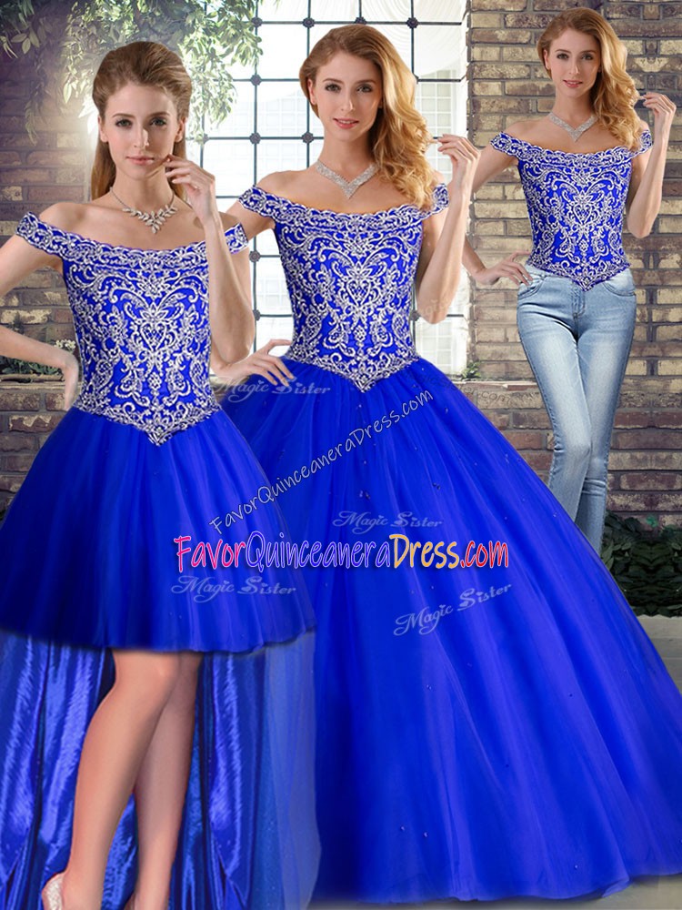 Superior Royal Blue Tulle Lace Up Off The Shoulder Sleeveless 15 Quinceanera Dress Brush Train Beading