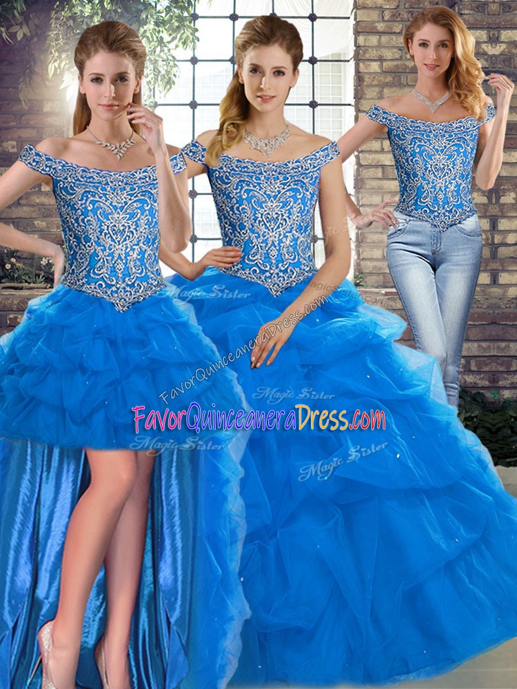 Lovely Blue Ball Gown Prom Dress Military Ball and Sweet 16 and Quinceanera with Beading and Pick Ups Off The Shoulder Sleeveless Brush Train Lace Up