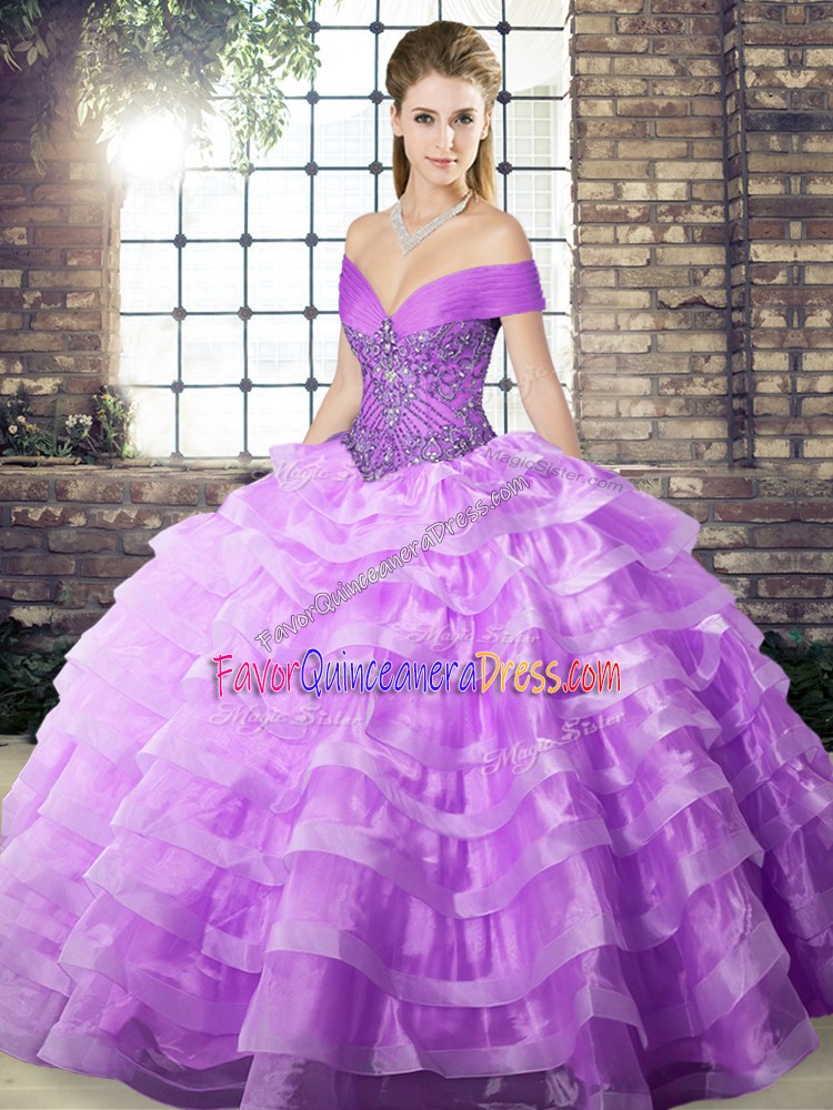 Trendy Sleeveless Organza Brush Train Lace Up Ball Gown Prom Dress in Lavender with Beading and Ruffled Layers