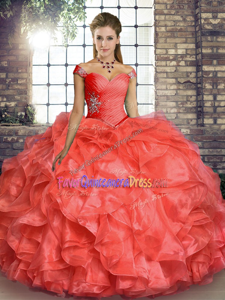  Organza Off The Shoulder Sleeveless Lace Up Beading and Ruffles Sweet 16 Dresses in Coral Red