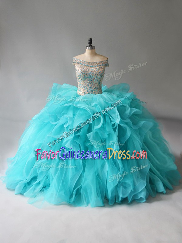 Free and Easy Aqua Blue Lace Up Off The Shoulder Beading and Ruffles Quince Ball Gowns Organza Sleeveless Brush Train