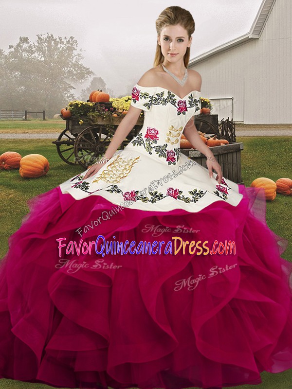  Fuchsia Off The Shoulder Neckline Embroidery and Ruffles 15 Quinceanera Dress Sleeveless Lace Up