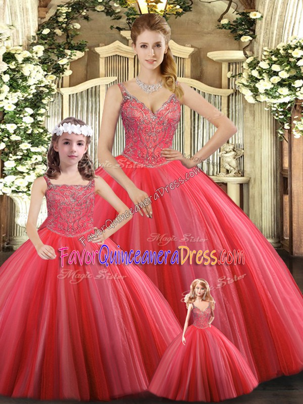Sexy Coral Red Ball Gowns Straps Sleeveless Tulle Floor Length Lace Up Beading Sweet 16 Dress