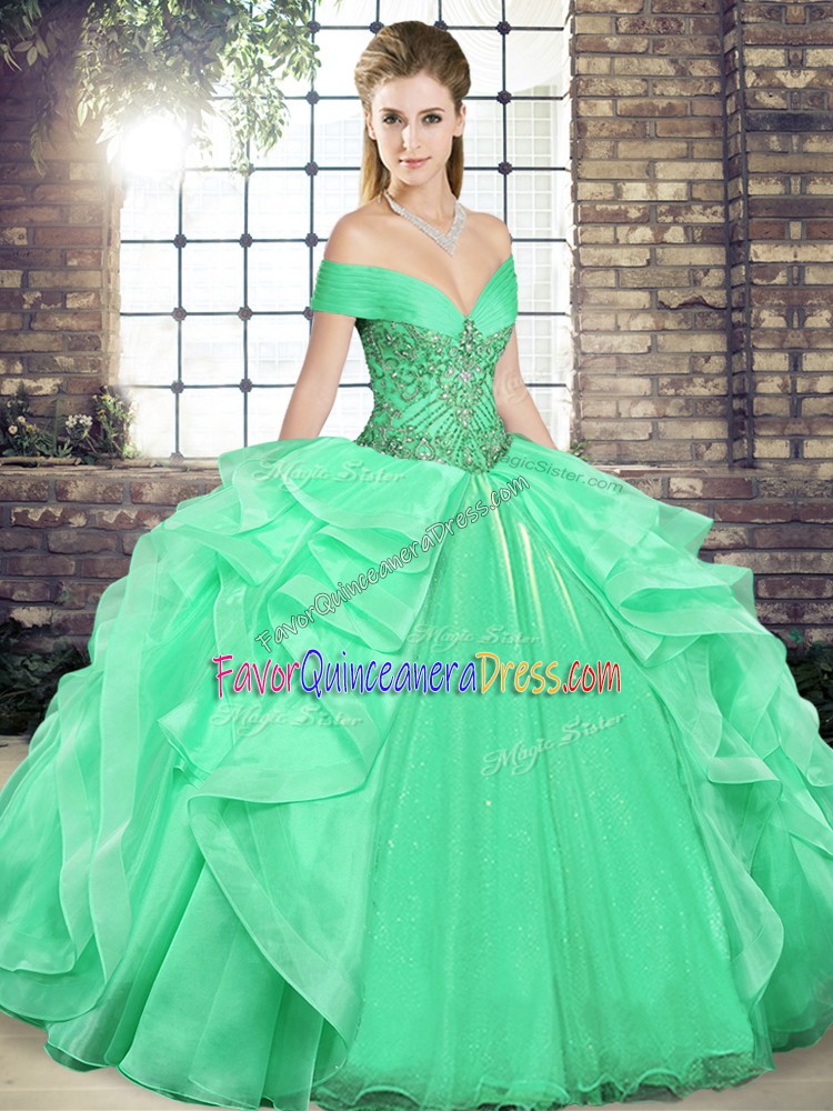 Admirable Apple Green Off The Shoulder Neckline Beading and Ruffles Quinceanera Gown Sleeveless Lace Up