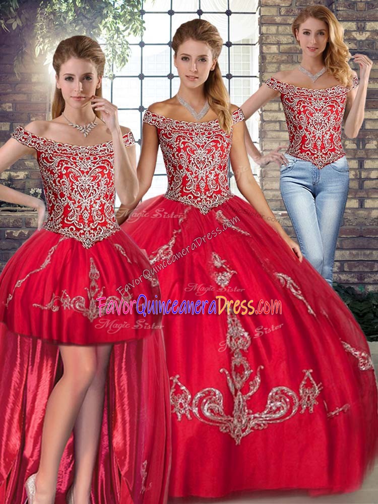  Floor Length Red Quinceanera Gown Off The Shoulder Sleeveless Lace Up