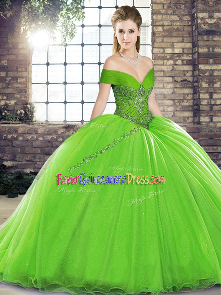  Lace Up Off The Shoulder Beading 15 Quinceanera Dress Organza Sleeveless Brush Train