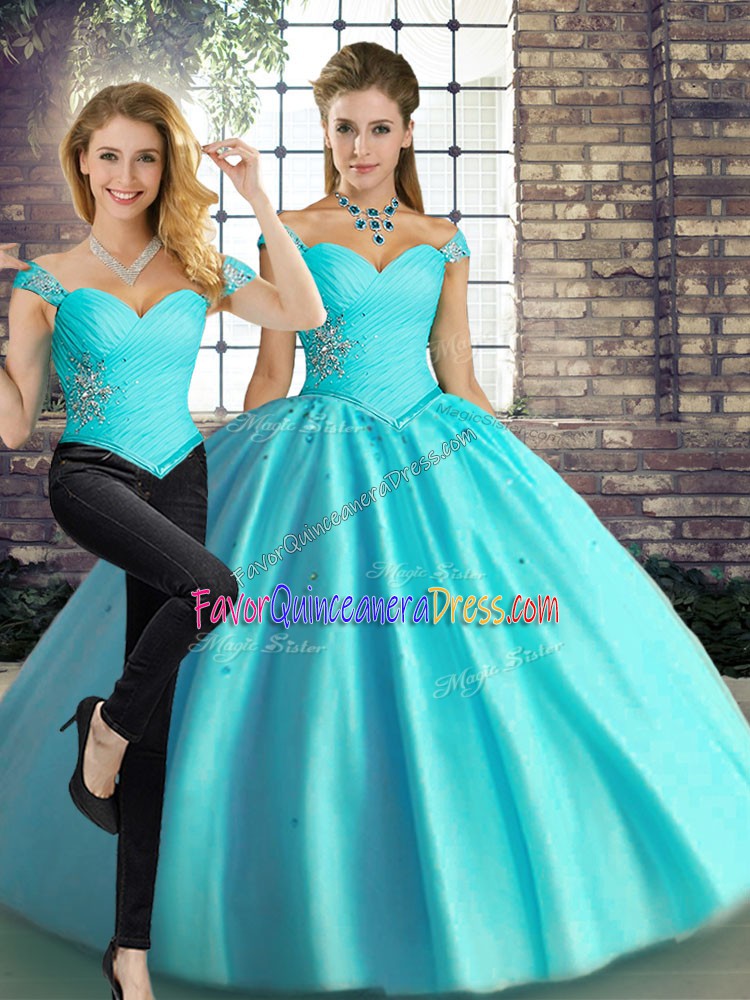  Beading Quinceanera Gown Aqua Blue Lace Up Sleeveless Floor Length