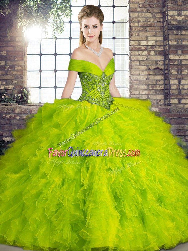 Olive Green Ball Gowns Tulle Off The Shoulder Sleeveless Beading and Ruffles Floor Length Lace Up Ball Gown Prom Dress