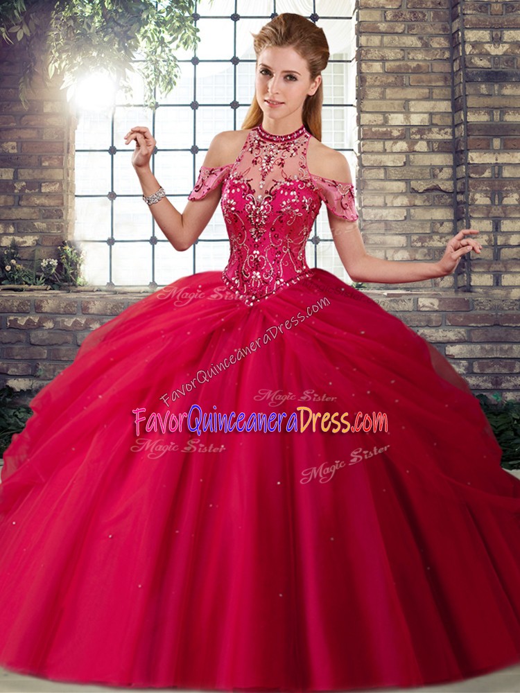 Enchanting Sleeveless Tulle Brush Train Lace Up Quinceanera Gowns in Coral Red with Beading and Pick Ups