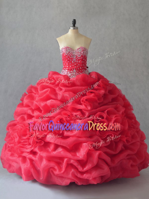 Captivating Floor Length Coral Red Ball Gown Prom Dress Sleeveless Beading and Pick Ups