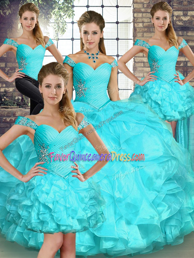  Aqua Blue Organza Lace Up Ball Gown Prom Dress Sleeveless Floor Length Beading and Ruffles