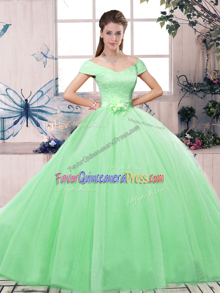 Custom Made Apple Green Tulle Lace Up Sweet 16 Dresses Short Sleeves Floor Length Lace and Hand Made Flower