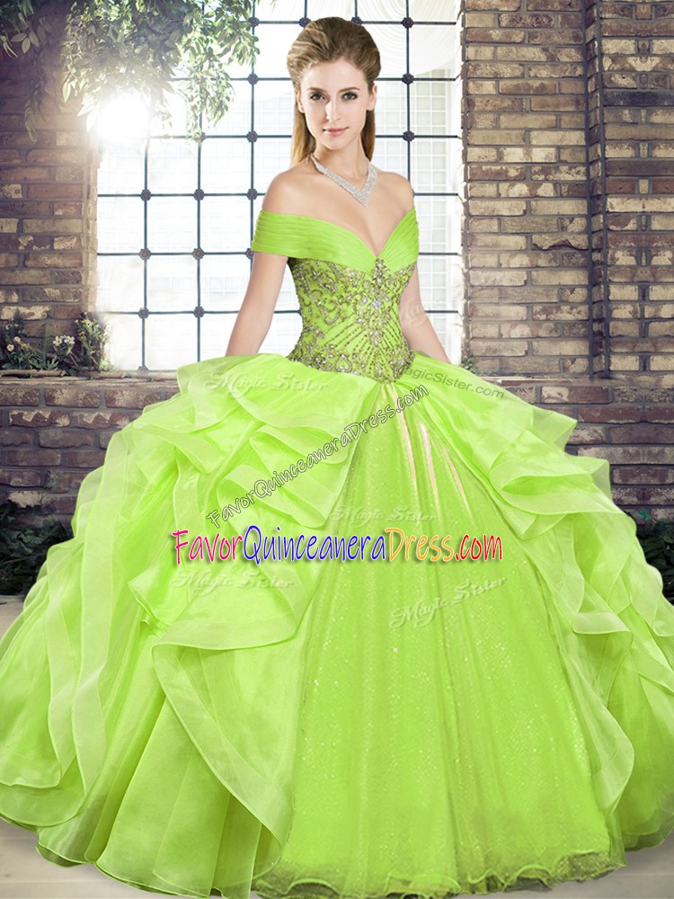  Yellow Green Ball Gowns Off The Shoulder Sleeveless Organza Floor Length Lace Up Beading and Ruffles Quinceanera Dresses
