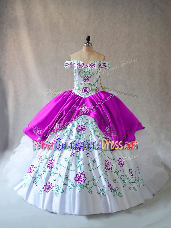Ideal Off The Shoulder Sleeveless Organza Quinceanera Gown Embroidery and Ruffles Lace Up