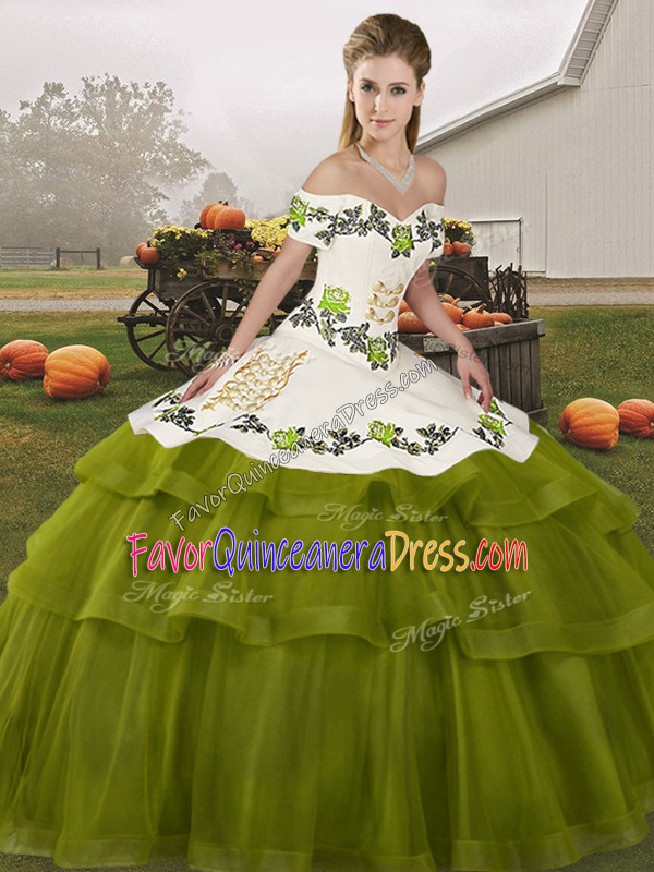  Olive Green Sleeveless Tulle Brush Train Lace Up Sweet 16 Quinceanera Dress for Military Ball and Sweet 16 and Quinceanera