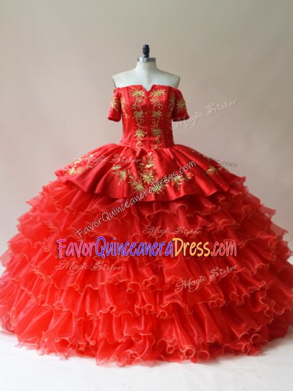  Sleeveless Embroidery and Ruffled Layers Lace Up Quinceanera Gown