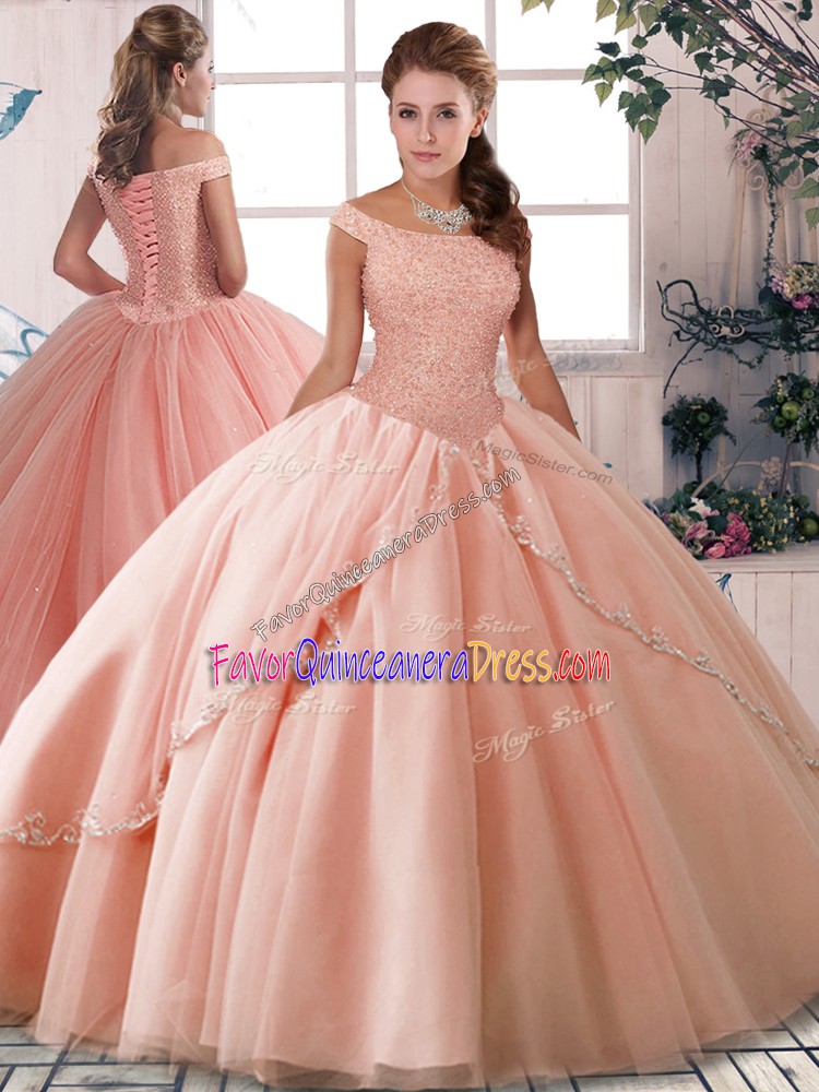 Suitable Peach Sweet 16 Dress Off The Shoulder Sleeveless Brush Train Lace Up
