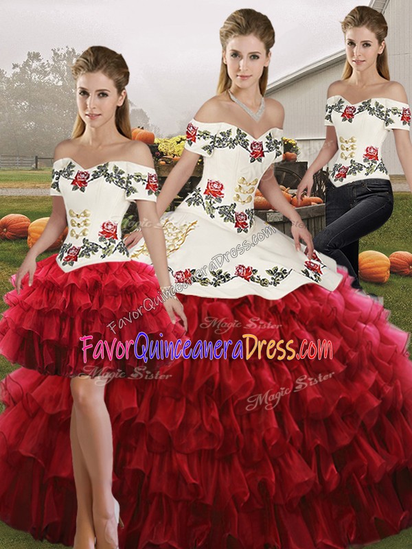 Glittering Wine Red Three Pieces Off The Shoulder Sleeveless Organza Floor Length Lace Up Embroidery and Ruffled Layers 15 Quinceanera Dress