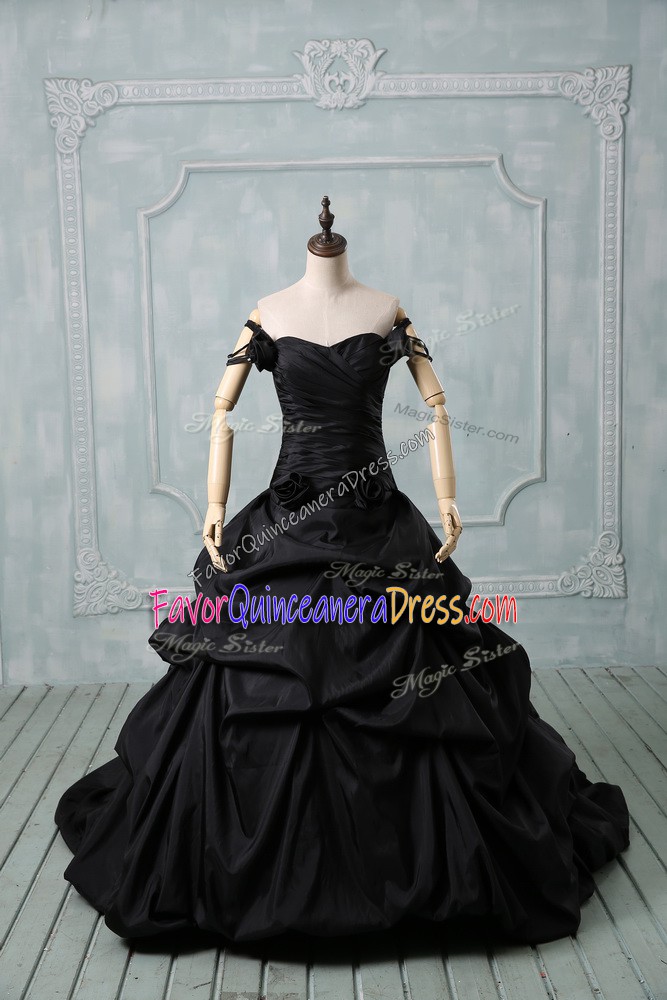 Deluxe Sleeveless Pick Ups and Hand Made Flower Lace Up 15th Birthday Dress with Black Brush Train