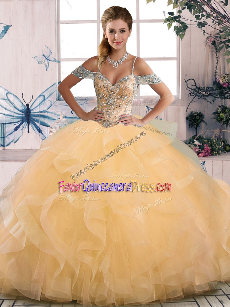 Dazzling Gold Off The Shoulder Neckline Beading Sweet 16 Dresses Sleeveless Lace Up