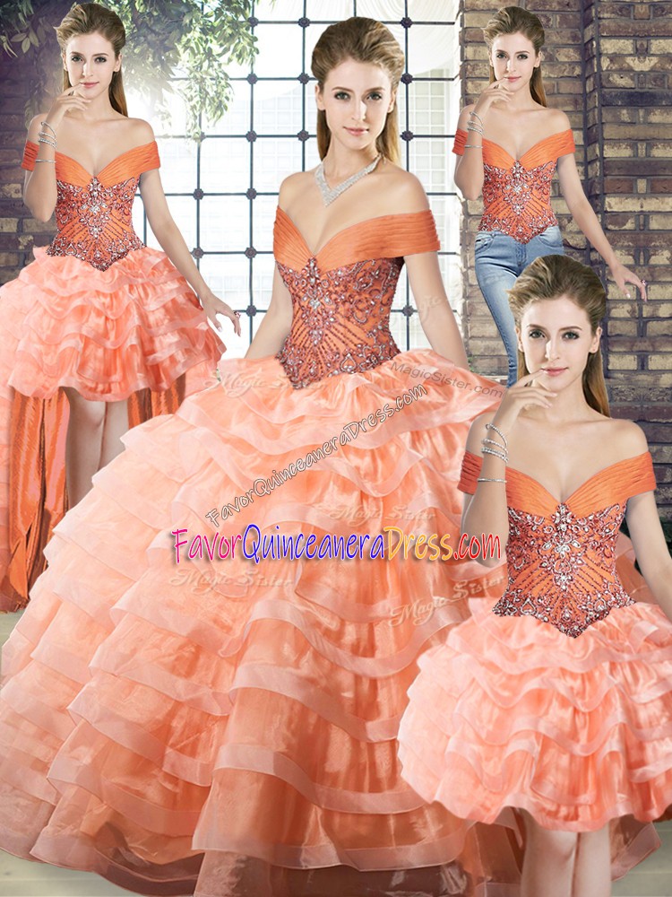 Ideal Brush Train Ball Gowns Sweet 16 Quinceanera Dress Peach Off The Shoulder Organza Sleeveless Lace Up