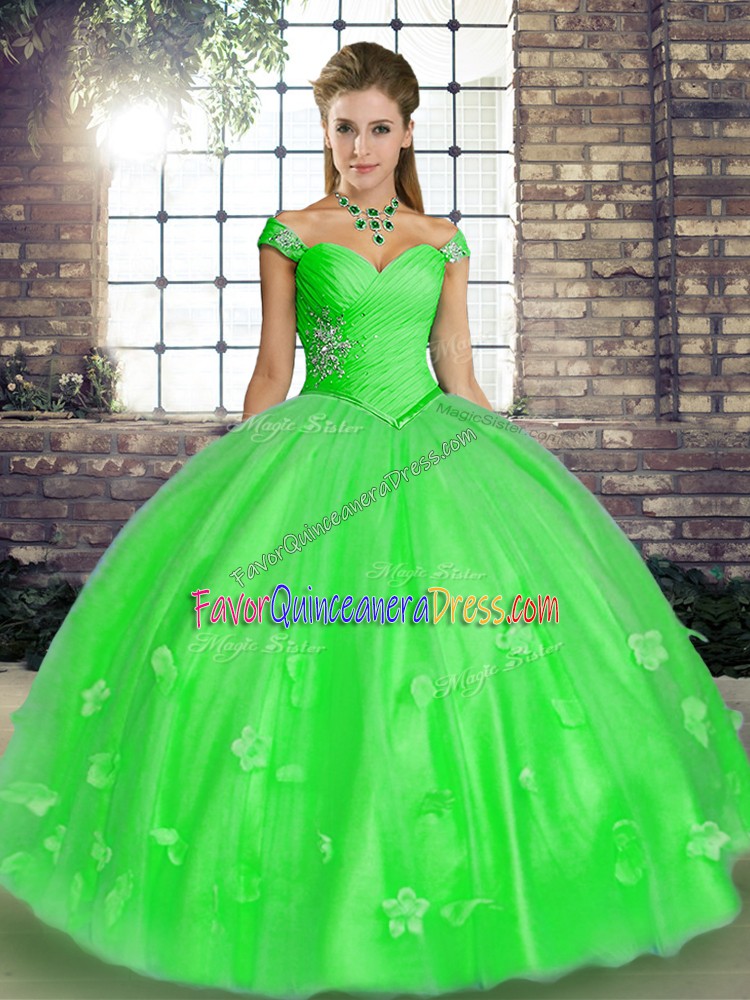 Excellent Sleeveless Tulle Floor Length Lace Up Vestidos de Quinceanera in Green with Beading and Appliques
