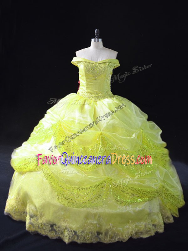 Exceptional Yellow Green Lace Up Off The Shoulder Lace and Sequins Ball Gown Prom Dress Organza Sleeveless