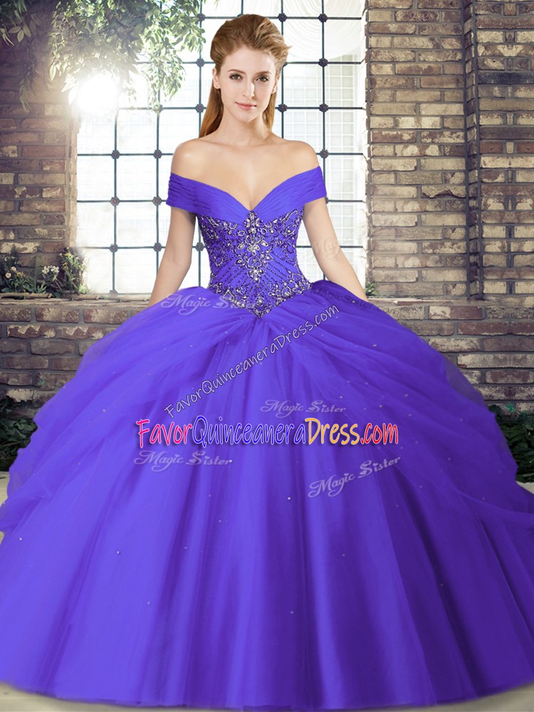  Purple Tulle Lace Up Quinceanera Gown Sleeveless Brush Train Beading and Pick Ups
