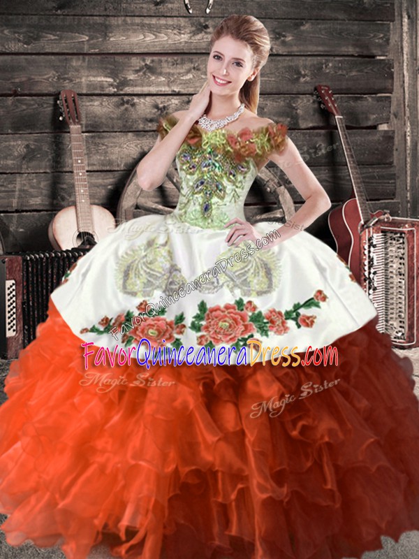 Admirable Floor Length Lace Up Quince Ball Gowns Rust Red for Sweet 16 and Quinceanera with Embroidery and Ruffles