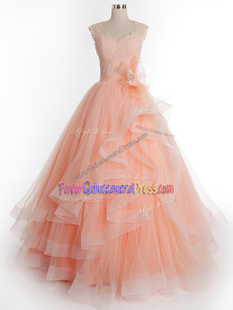  Peach A-line Tulle Straps Sleeveless Ruffles Floor Length Lace Up 15th Birthday Dress