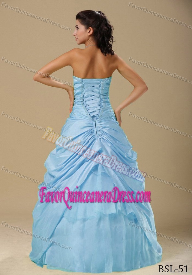 Aqua Blue A-line Beaded and Ruched Quince Dresses with Hand Made Flowers