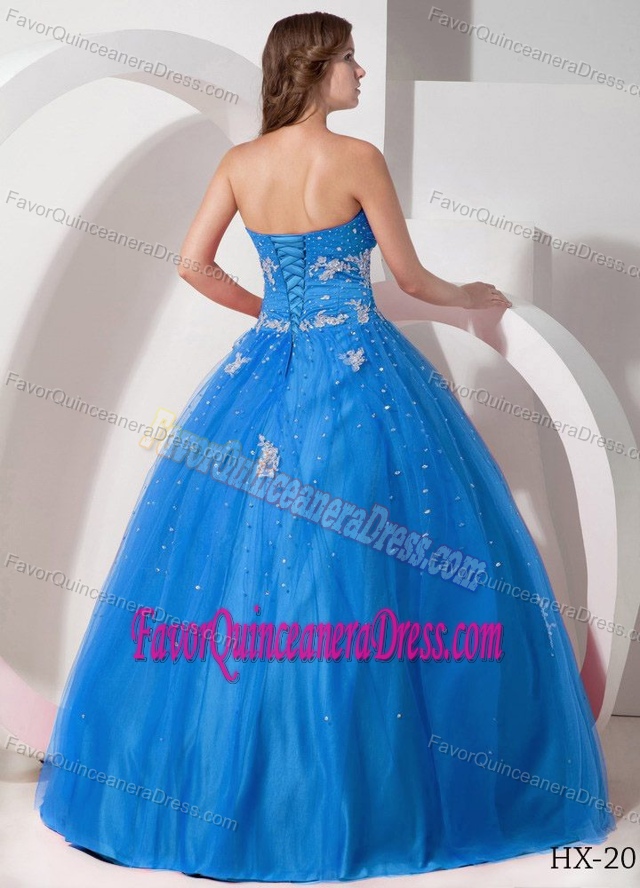 Amazing Beaded Blue Quinceanera Gown Dresses with White Appliques in Tulle