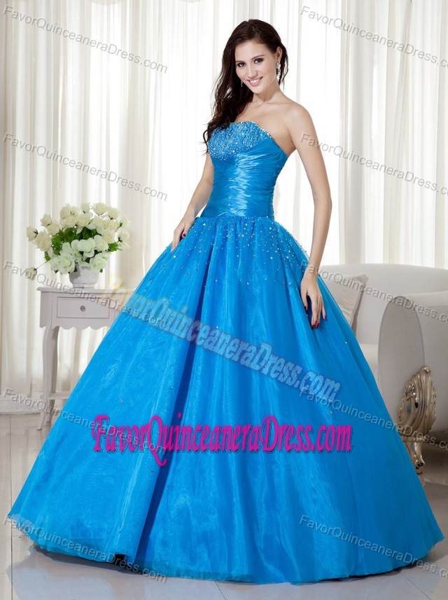 Ball Gown Strapless Taffeta Quinceanera Dresses with Beadings in Blue Color