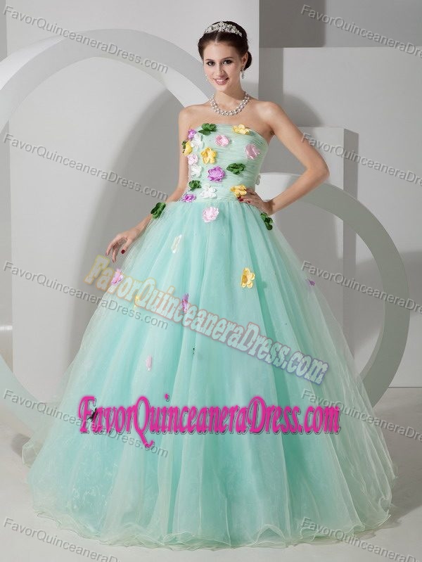 Brand New Organza Quinceanera Dress with Ruches and Colorful Handmade Flowers