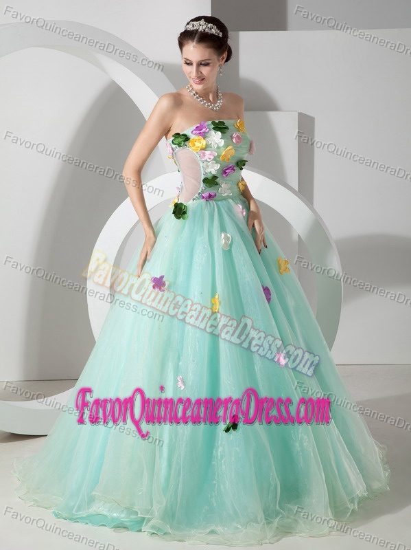 Brand New Organza Quinceanera Dress with Ruches and Colorful Handmade Flowers