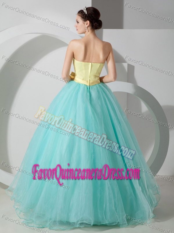Beautiful A-line Quince Dress with Ruches and Sash in Yellow and Apple Green