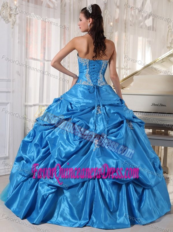 Blue Ball Gown Taffeta and Tulle Sweet 15 Dresses with Appliques and Pickups